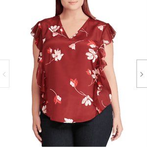 Ralph Lauren Floral-Print Ruffled Crepe Blouse 1X